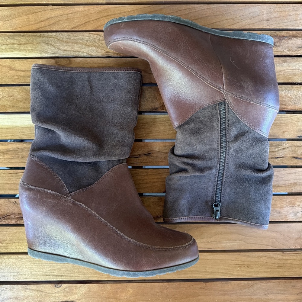 Cougar Lorraine‎ Waterproof Boots Womens 9 Brown Leather Suede Slouch Wedge Zip